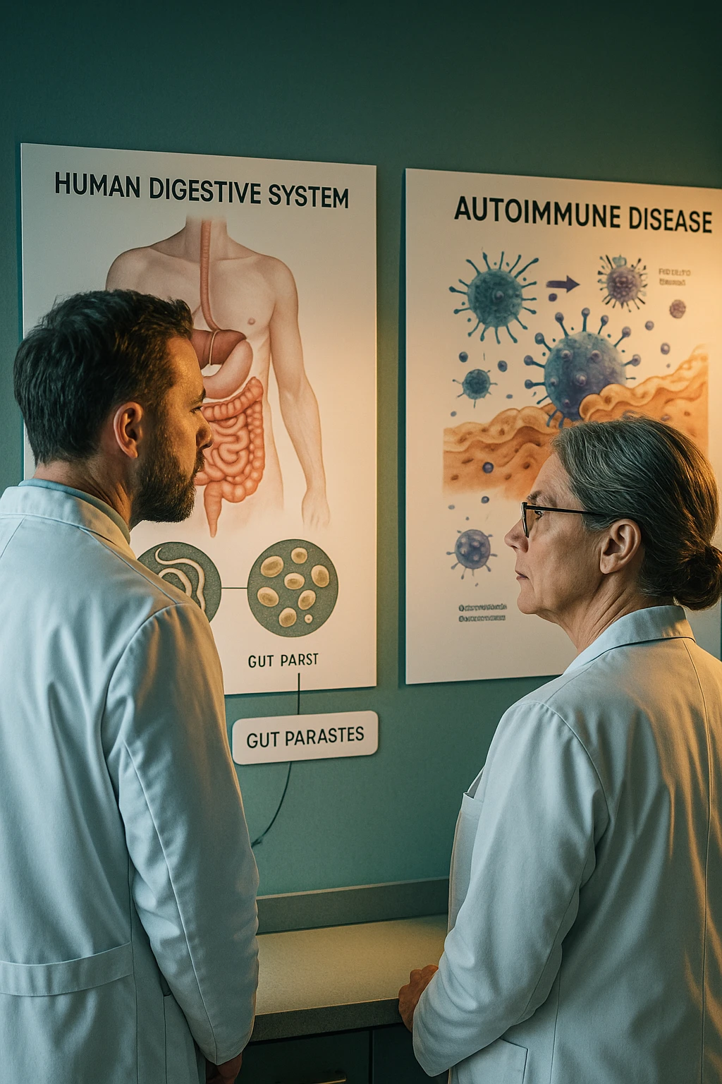 In italiano Realistic, detailed photo taken from behind of two doctors—a bearded man and a middle-aged woman—standing side by side in a modern medical office, intently studying a large, illuminated medical chart on the wall. The chart displays a detailed diagram of the human digestive system, highlighting the intestines and showing microscopic images of intestinal parasites. Next to it, another chart illustrates the immune system attacking healthy tissues, visually connecting gut parasites to autoimmune disease mechanisms. The room is bathed in a single green-blue color, with a warm, yellow-orange light casting soft shadows around the doctors. Both wear white coats and have serious, focused expressions, suggesting a deep discussion about the root causes of autoimmune conditions. Shot with a Canon EOS R5, with high detail, natural depth of field, and a clinical yet dramatic atmosphere. emoji