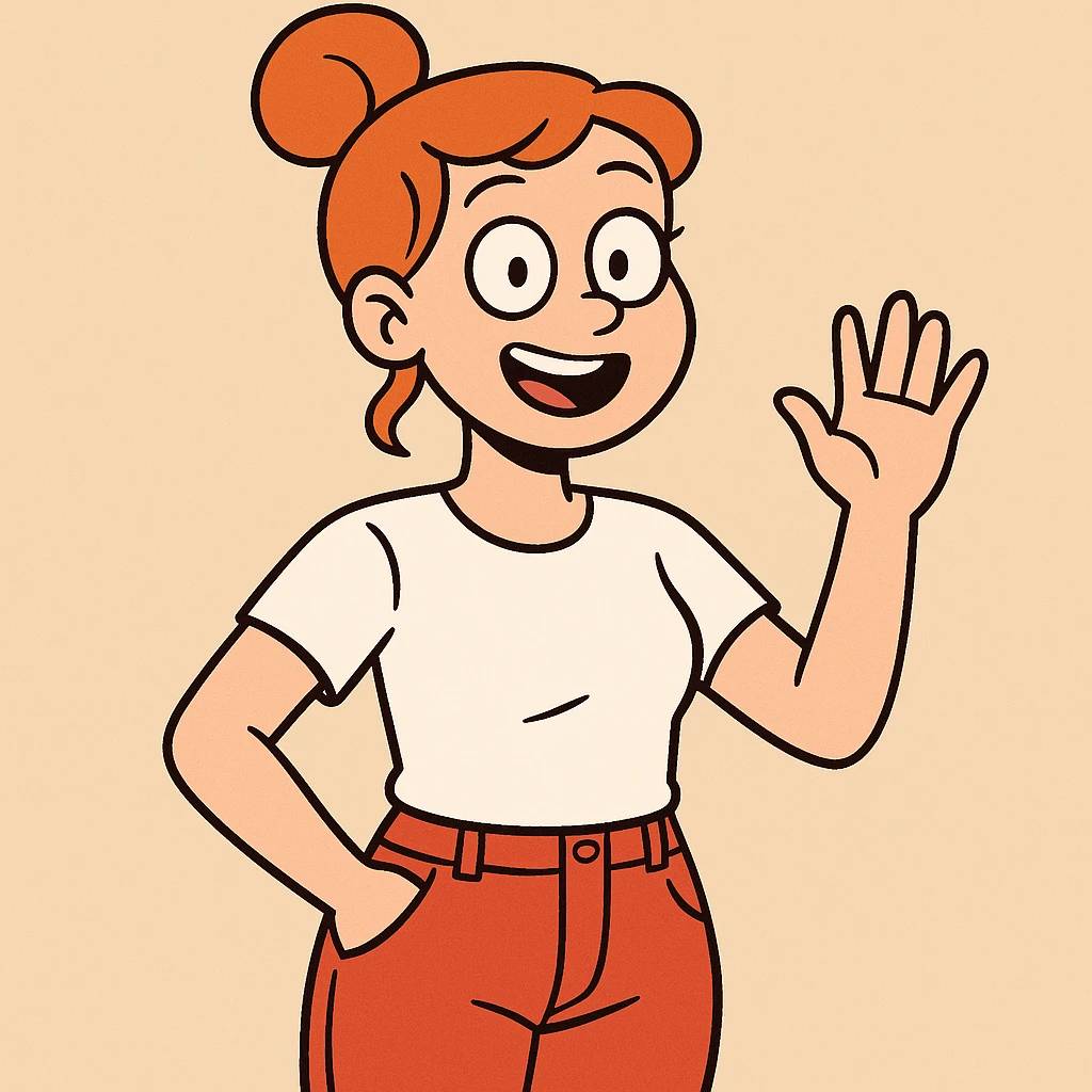 Girl dark orange hair bond hairstyle women's white t shirts pockets red trousers a hand hello  emoji