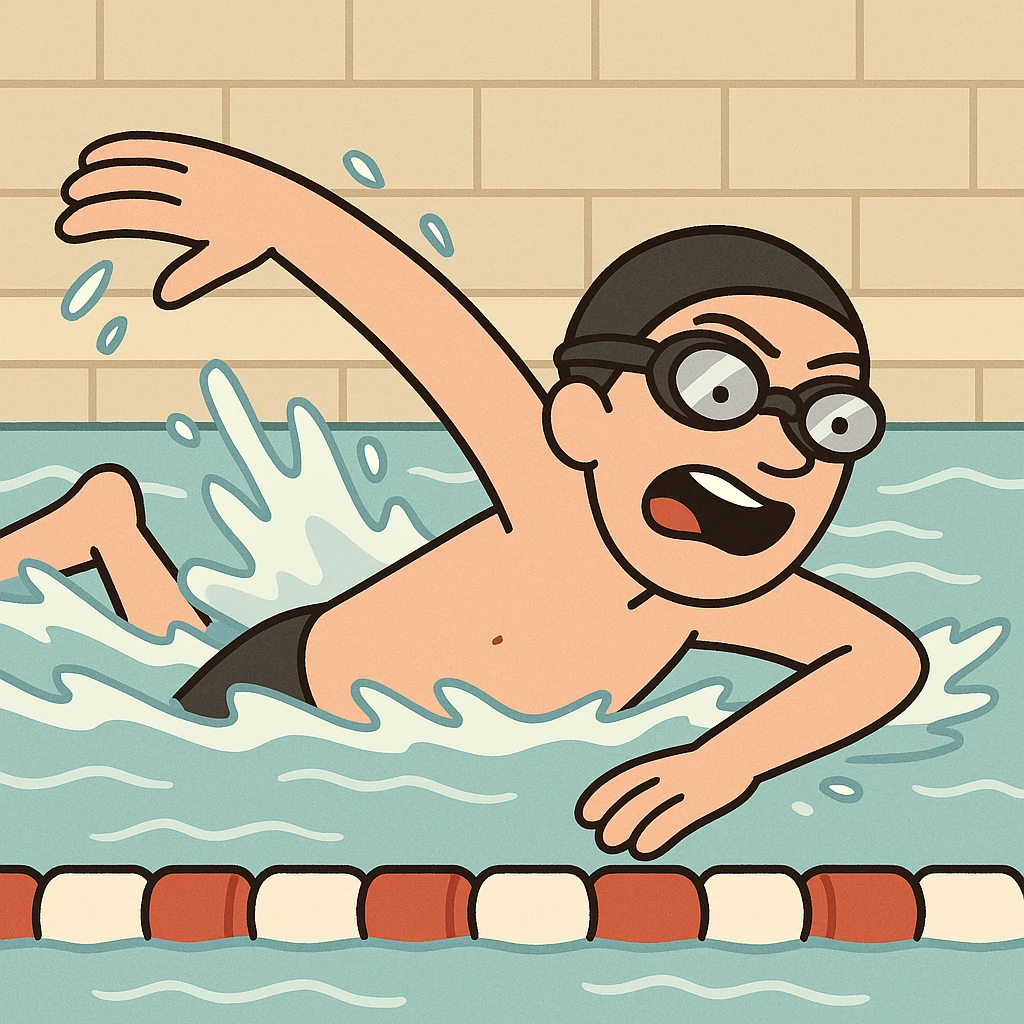 A person swimming freestyle in a pool, energetic and dynamic, cartoon style emoji