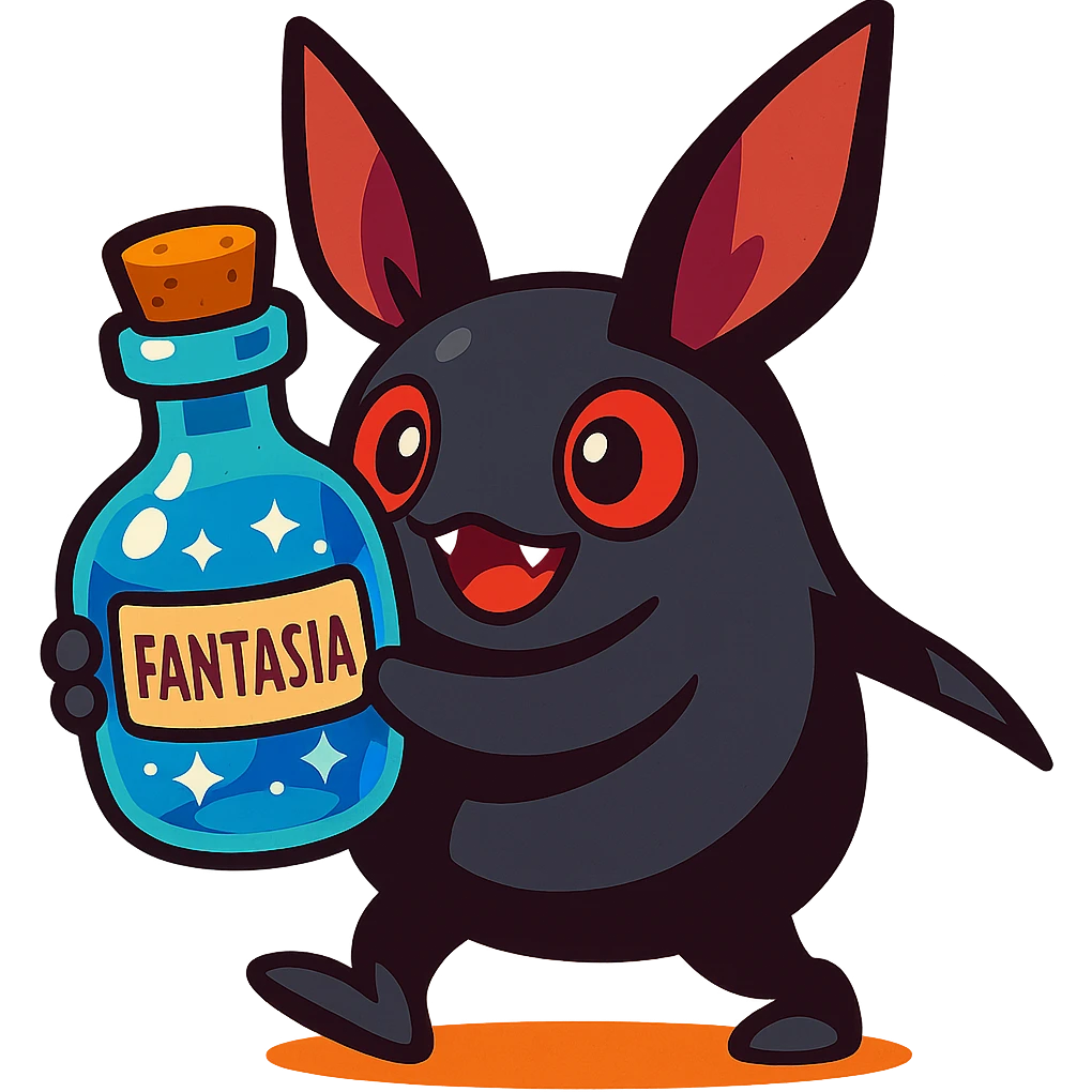 Final Fantasy spriggan holding a bottle of Fantasia, colorful and playful vibrant toon style emoji