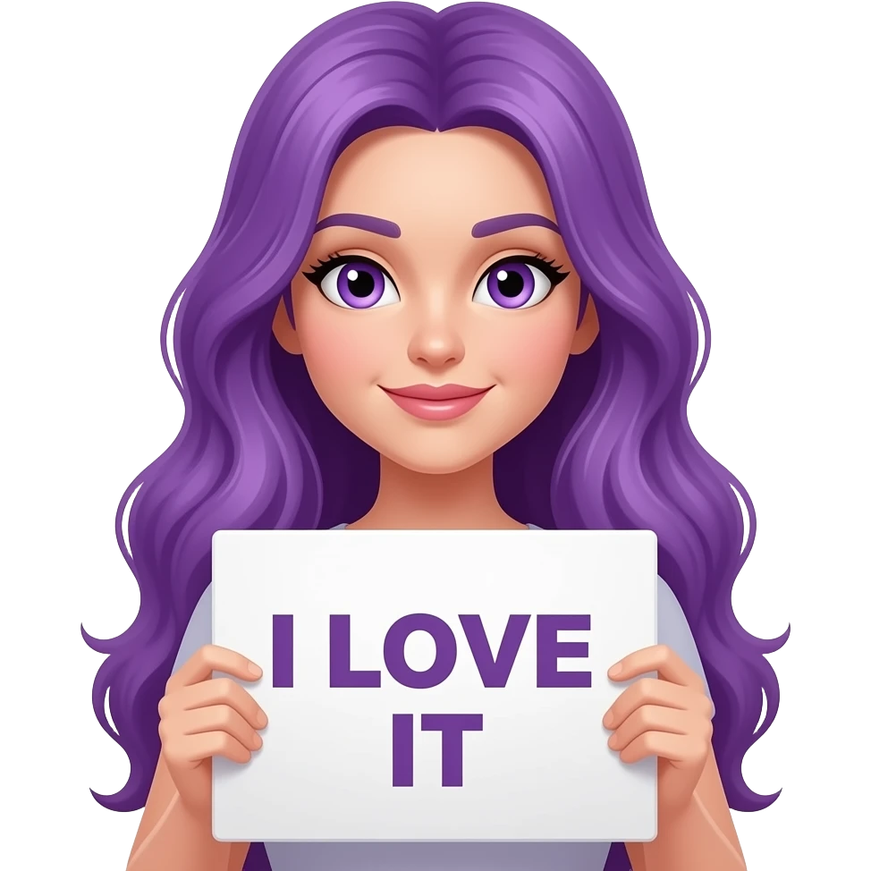 sexy girl with long purple hair and purple eyes holding I LOVE IT sign emoji