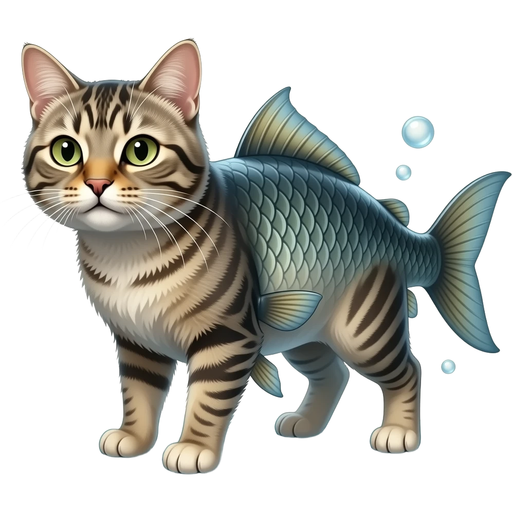 A realistic hybrid animal with a cat’s head and fur, combined with a fish body and fins, underwater environment, bubbles, natural lighting, detailed whiskers, wet texture, photorealistic emoji