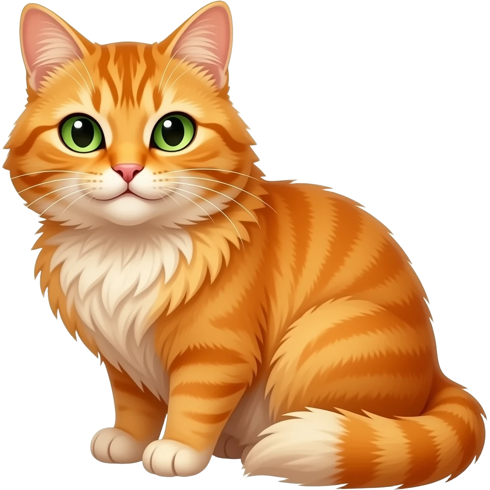 orange cat with devilish eyes, green eyes, long haired, smirk, closed mouth smile, full body, sitting emoji