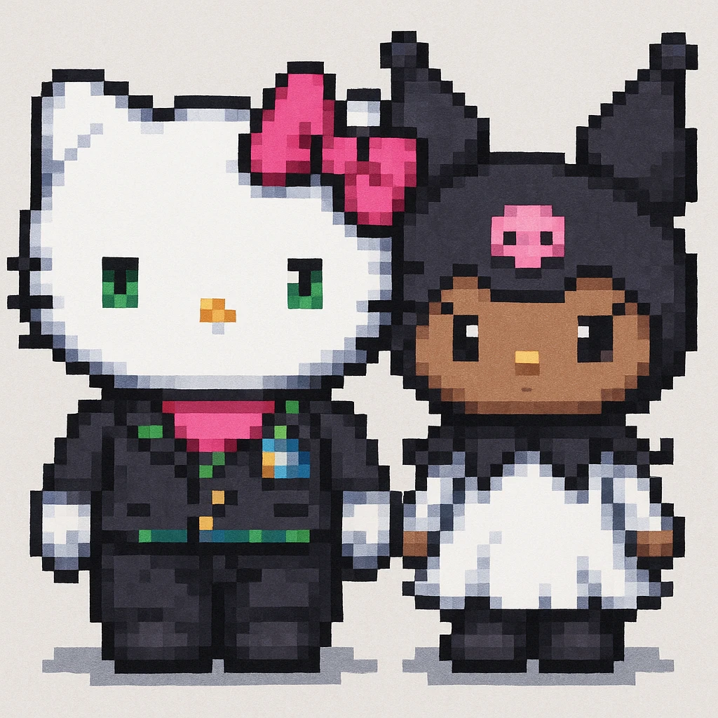 Add a friend to Hello Kitty in the style of pixel art emoji