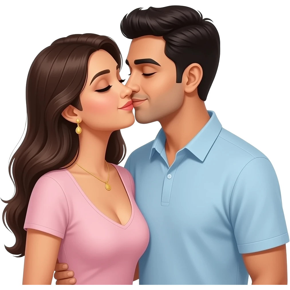 Husband kissing wife lovingly Indian couple modern casual dress. Lady low neck, men no beard emoji