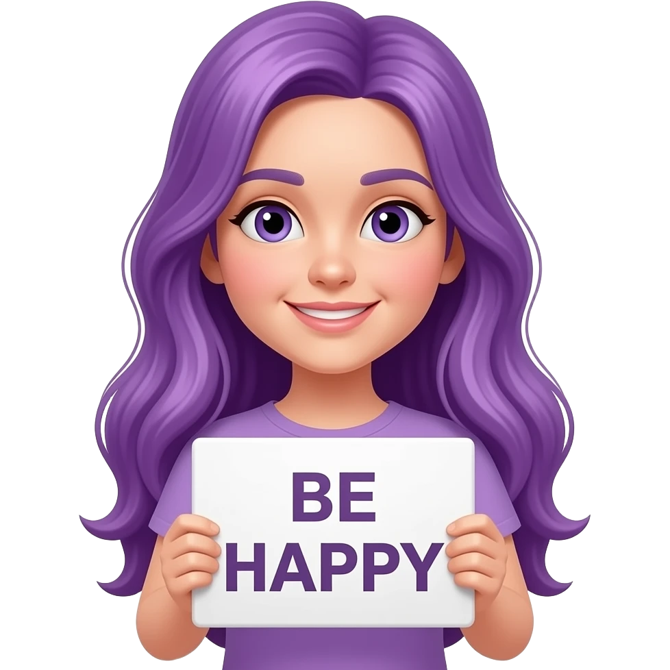 girl with long purple hair holding a BE HAPPY sign emoji
