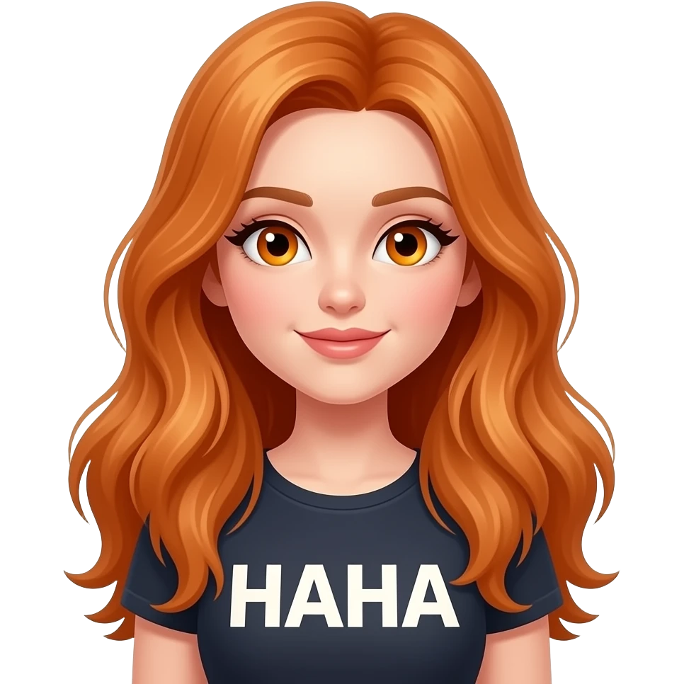 sexy girl with overlong ginger hair and ginger eyes a top with HAHA written on it emoji