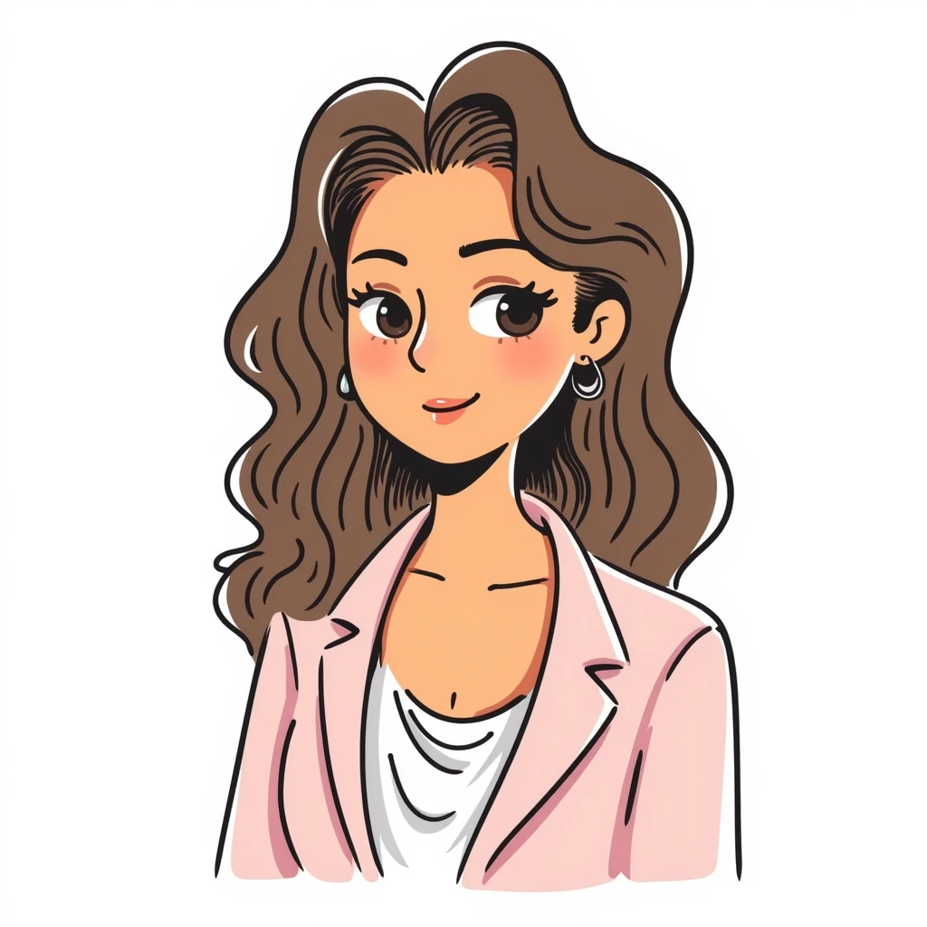 A 30-year-old woman with tanned skin, light brown long wavy hair with curled ends, delicate face, almond-shaped eyes with smoky foxy eye makeup, brown eyes, wearing a light pink elegant blazer and white satin cowl neck blouse with thin straps emoji