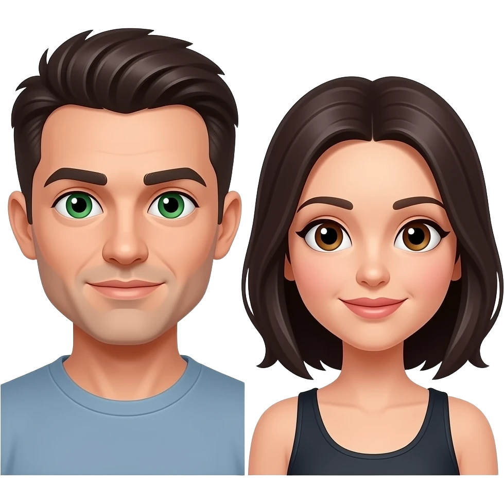 Bald man with green eyes and dark haired woman, looking at each other,haired woman with brown eyes looking at each other emoji