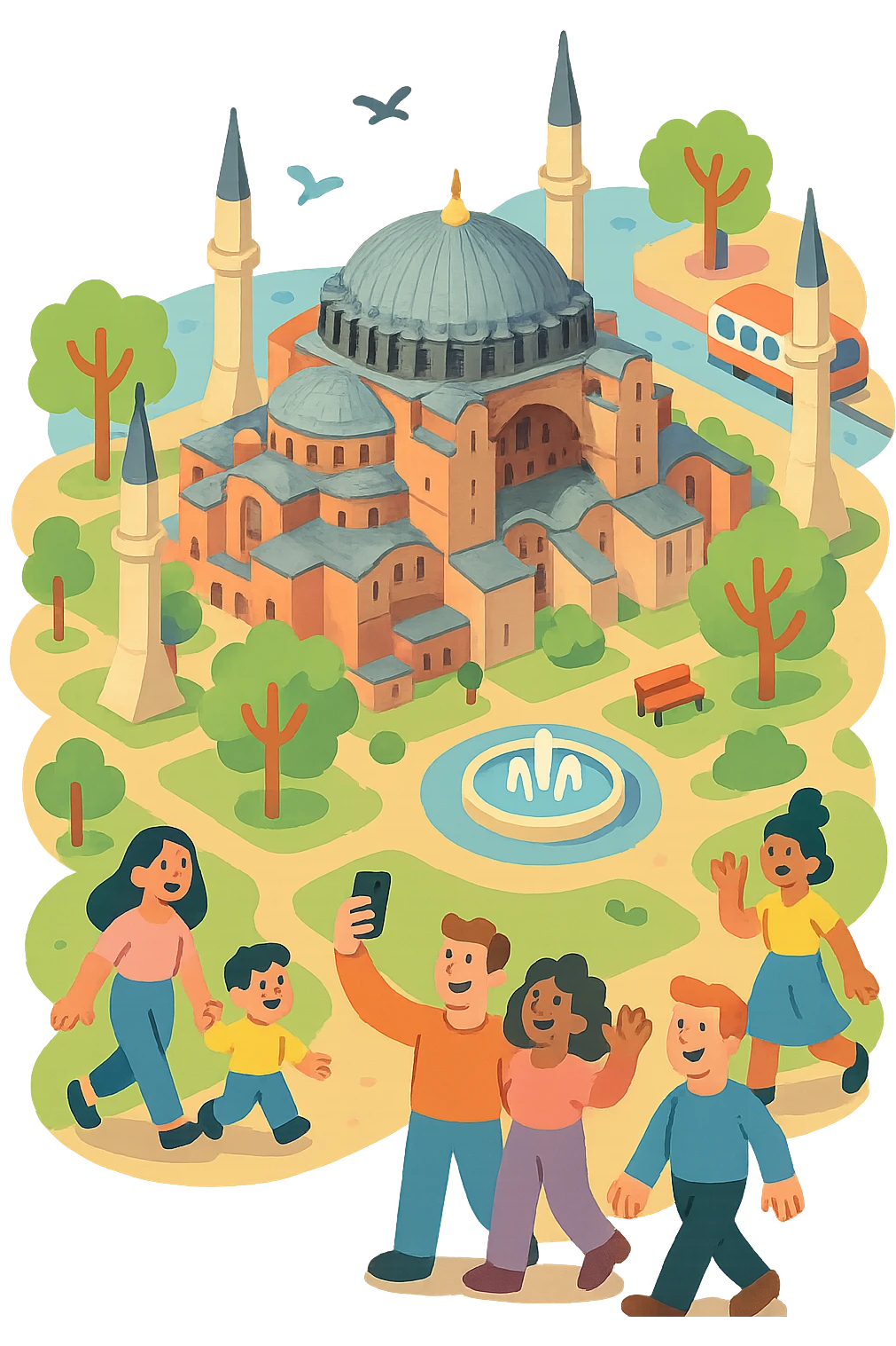 Isometric illustration of Istanbul, featuring real photorealistic Hagia Sophia with ts large central dome and four tall minarets, with real transparent background emoji