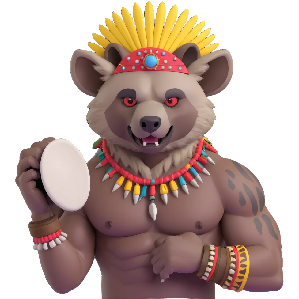 A native strong buff hyena with war bonnet flexing posing holding human head  emoji