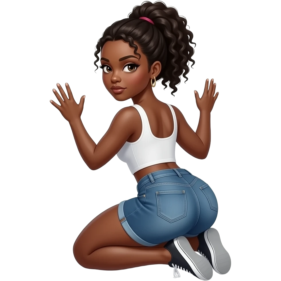 Black woman with lashes squaring hands in knees twerking with a big butt, looking back emoji