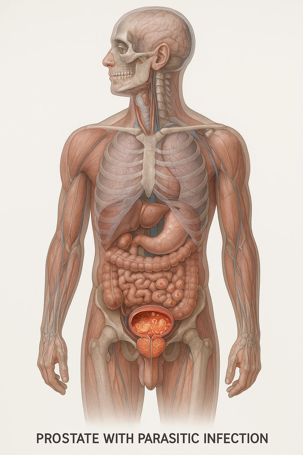 Vertical, hyper-realistic 3D cutaway illustration: the human body is shown in semi-transparent layers, exposing various types of problemi alla prostata a causa dei parassiti emoji