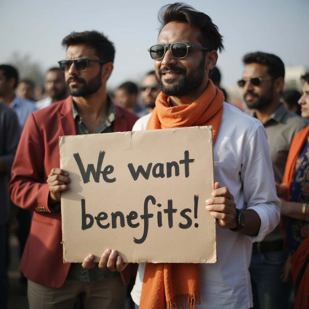 group of indian customers holding a board written "We want benefits" emoji