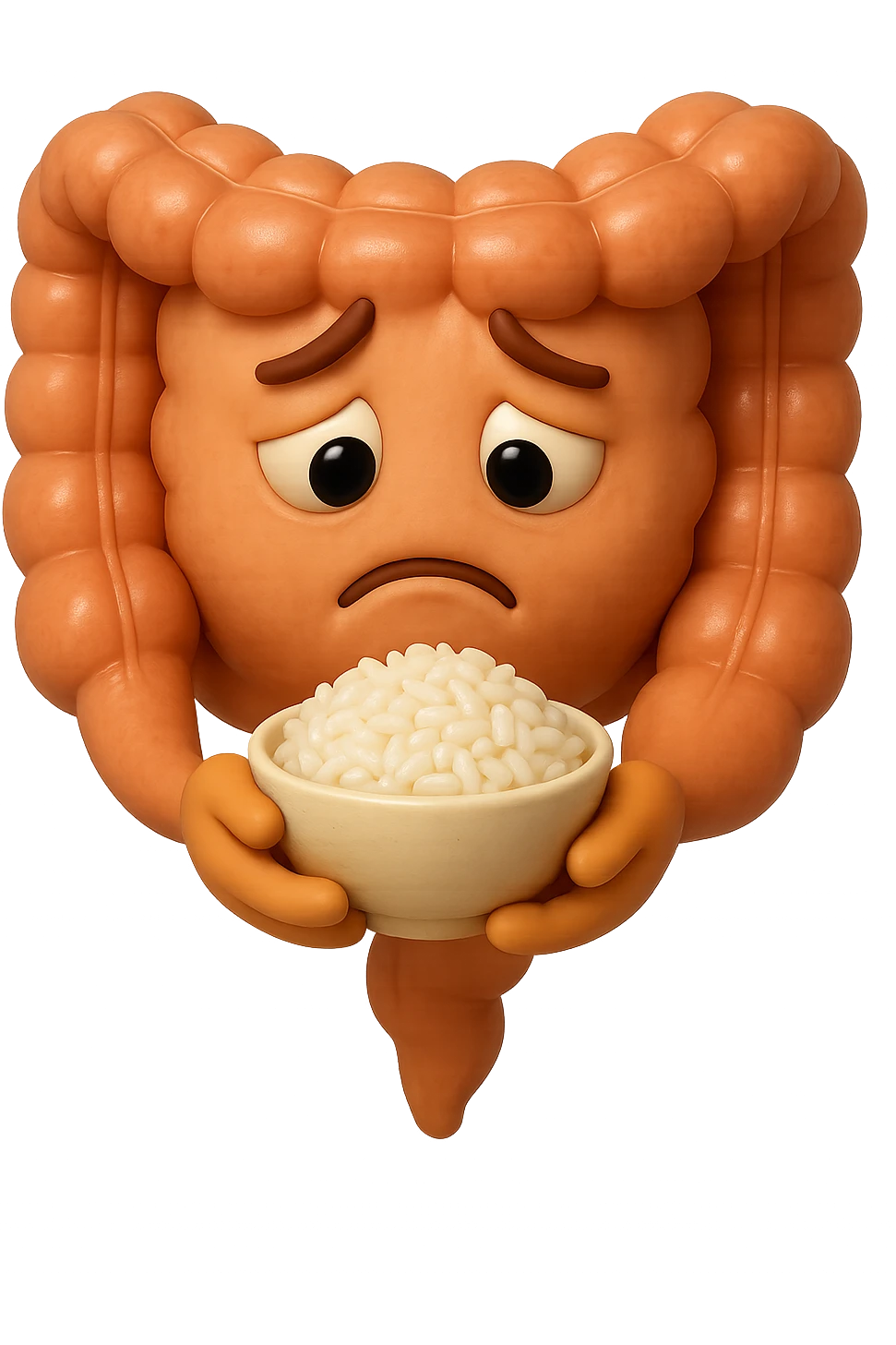 emoji stile iphone 3d di un intestino che guarda una bowl di riso che ha in mano con espressione triste, iperealistico 4k emoji