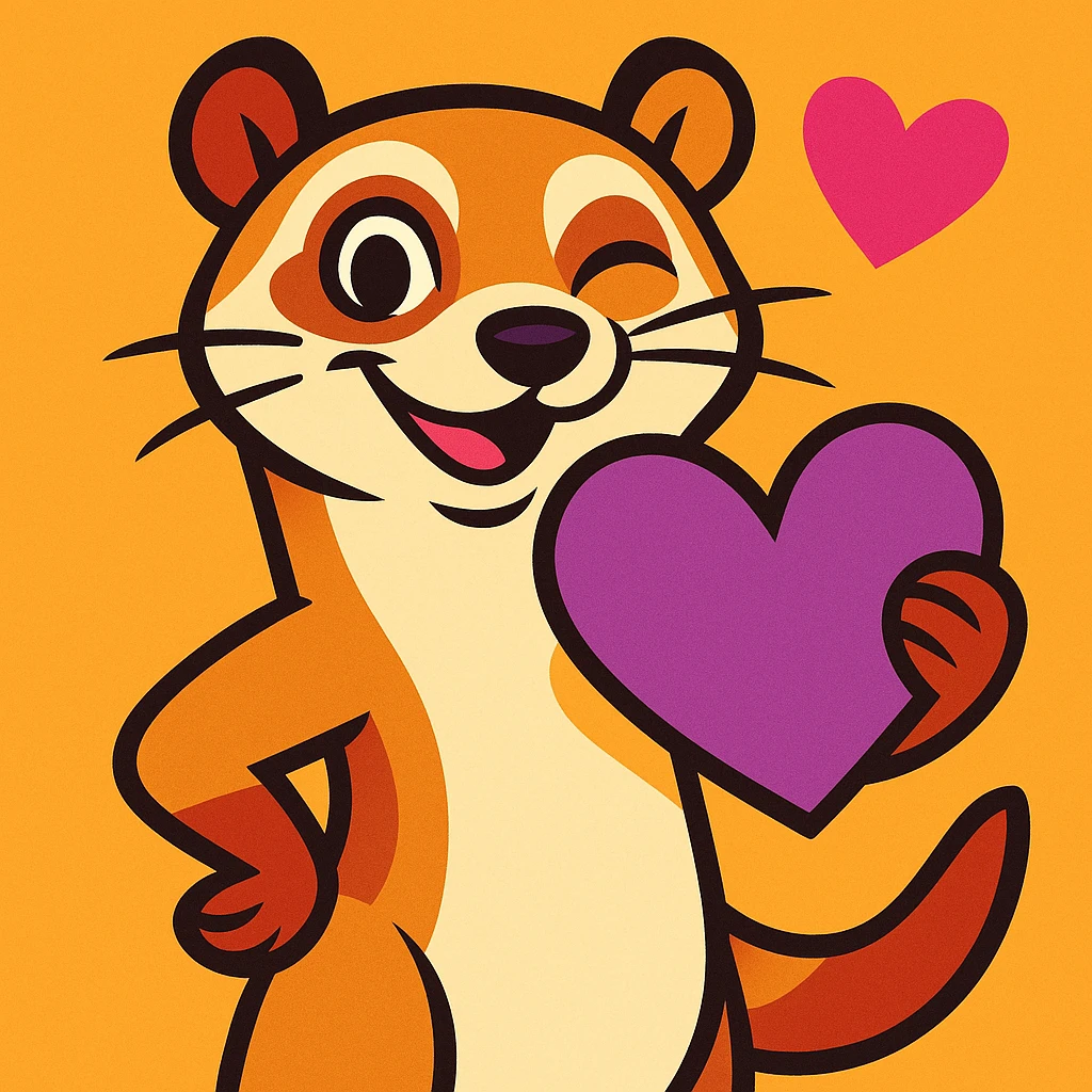 flirtatious ferret with a purple heart, vibrant toon style, winking and smiling emoji