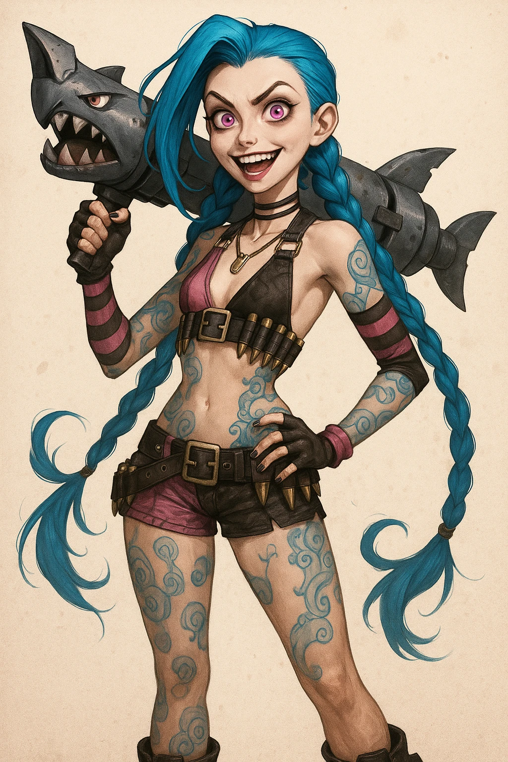 slender athletic young woman with long electric blue hair in two thick braids, bright pinkish-purple eyes, manic mischievous expression, punk-inspired outfit with cropped top, striped arm sleeves, mismatched shorts with belts, knee-high boots, adorned with bullet belts and pouches, blue tattoos in swirling mechanical patterns on arms legs torso, holding shark-faced rocket launcher emoji
