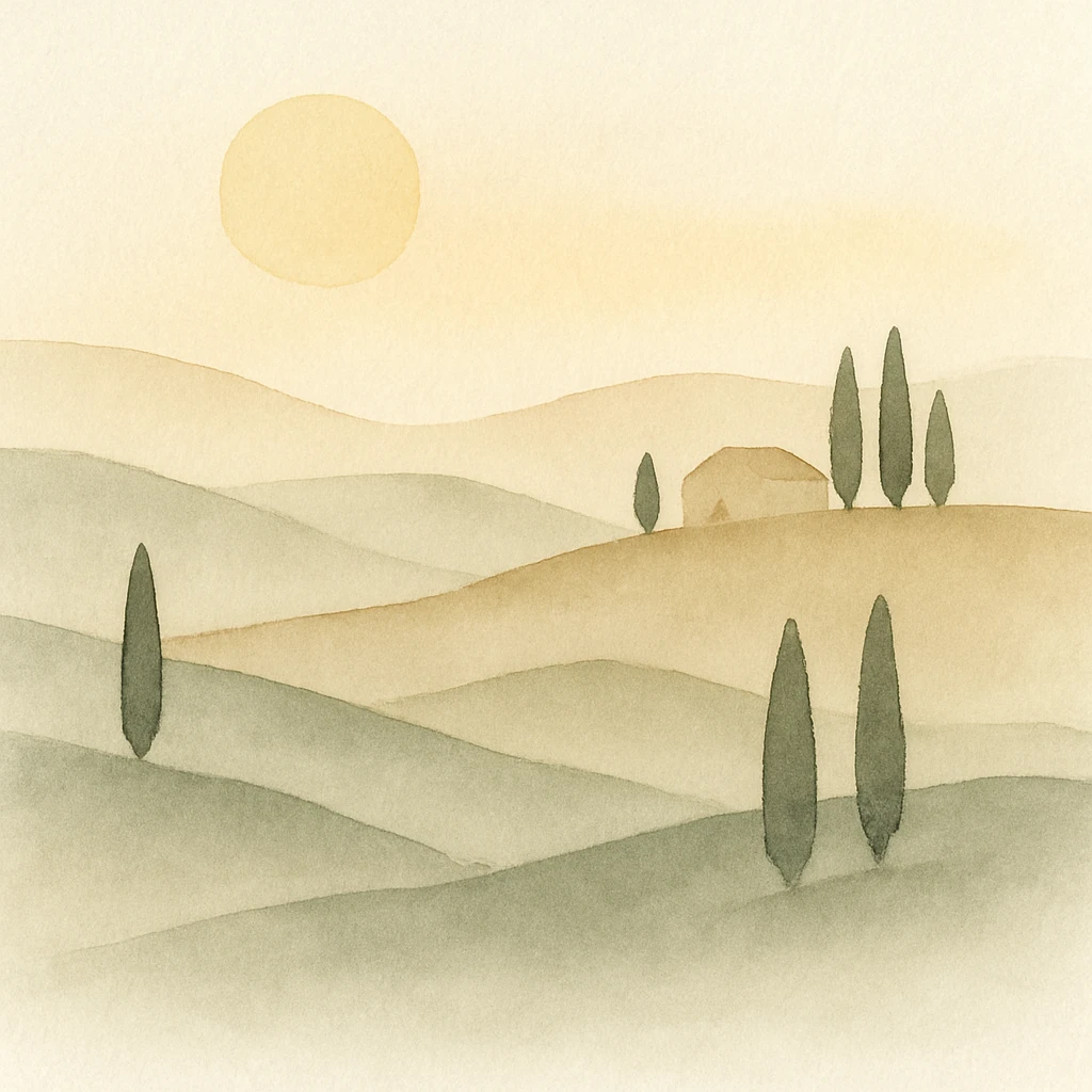 Tuscany hills landscape at sunset, warm golden light, rolling hills, cypress trees, scenic view, painterly style emoji