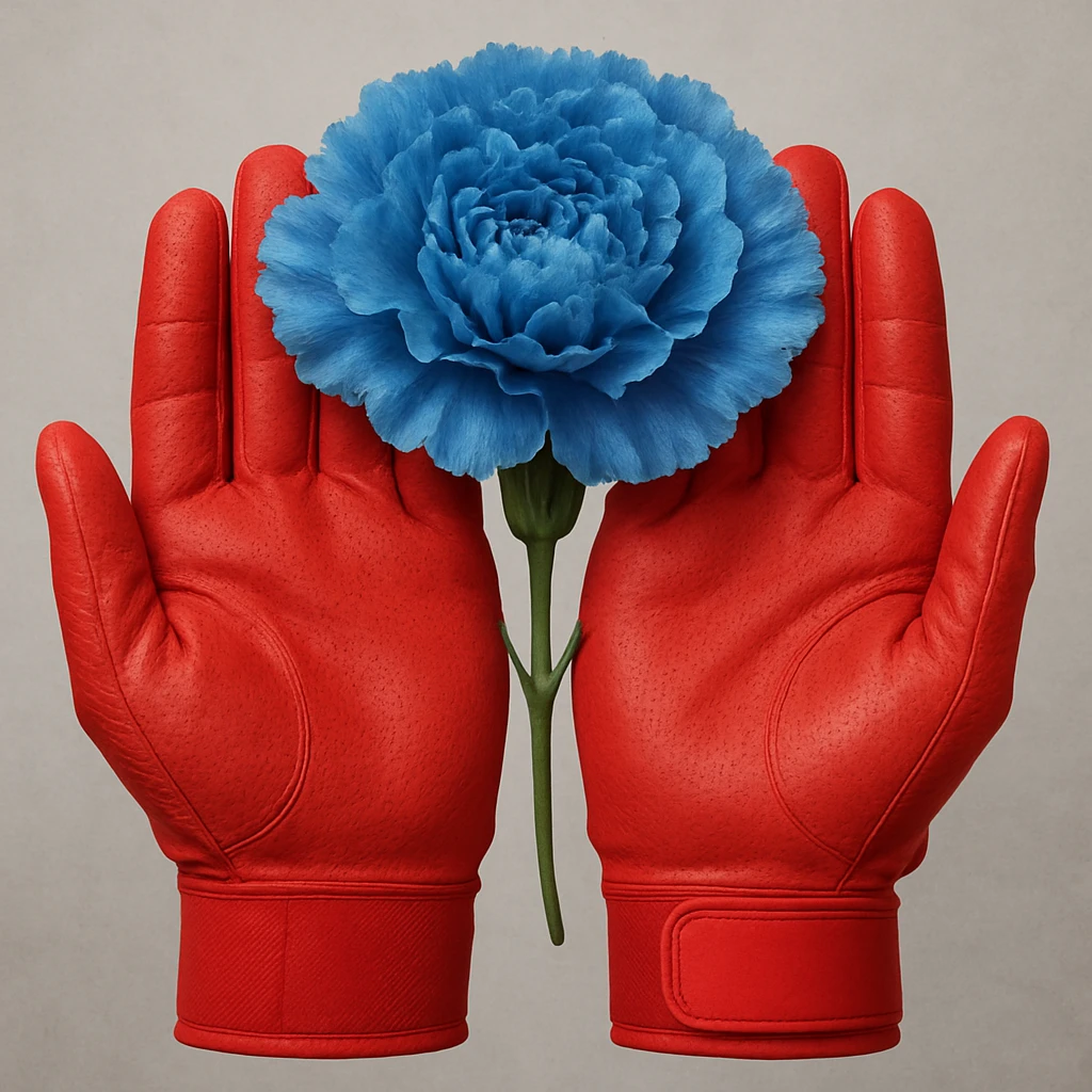 A pair of red batting gloves held together, palms facing out, arranged to form the shape of a blue carnation flower. emoji