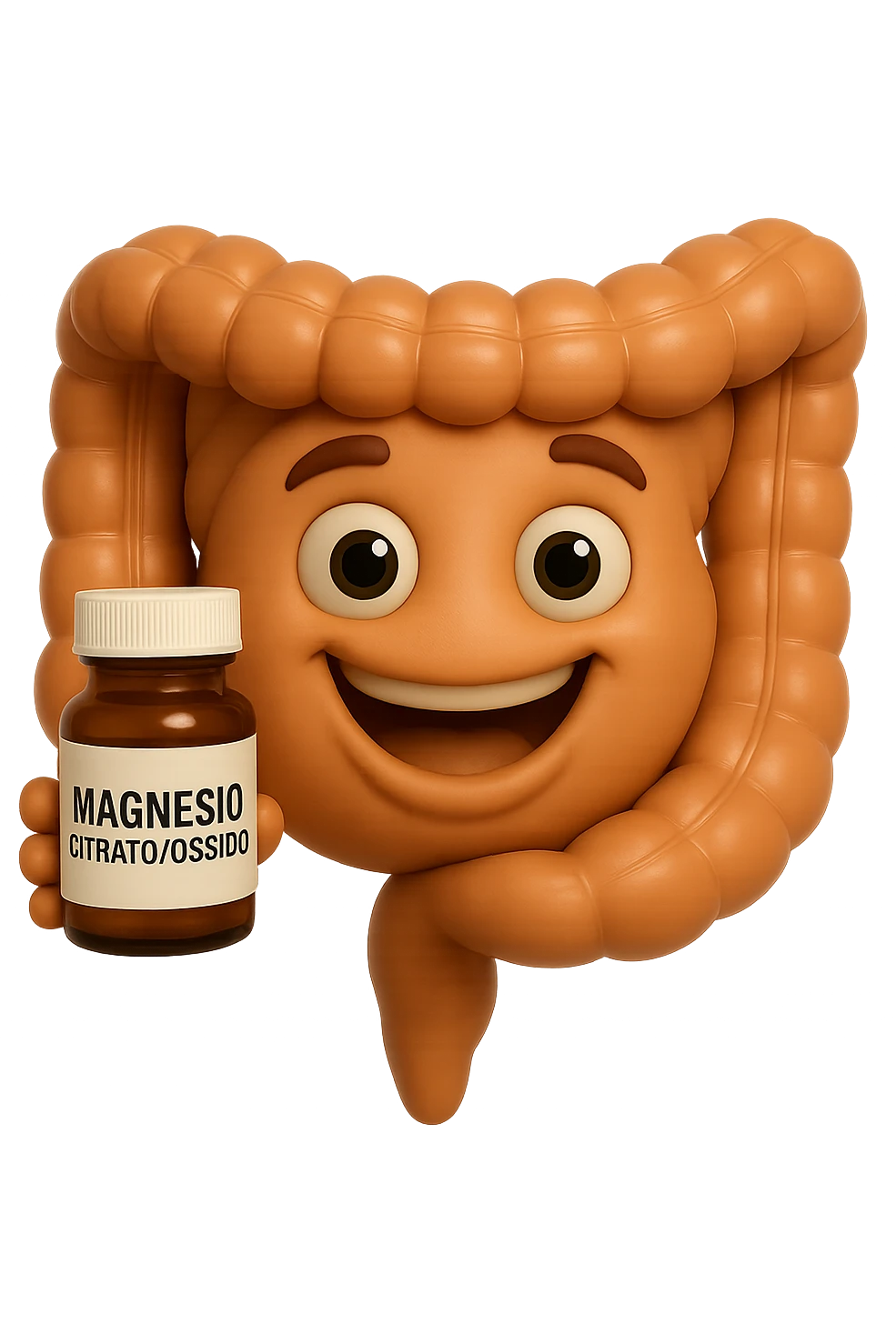 emoji stile iphone 3d di intestino umano felice che tiene in mano una boccetta di magnesio con la scritta "MAGNESIO CITRATO/OSSIDO" SULL'ETICHETTA , iperrealistico 4k emoji