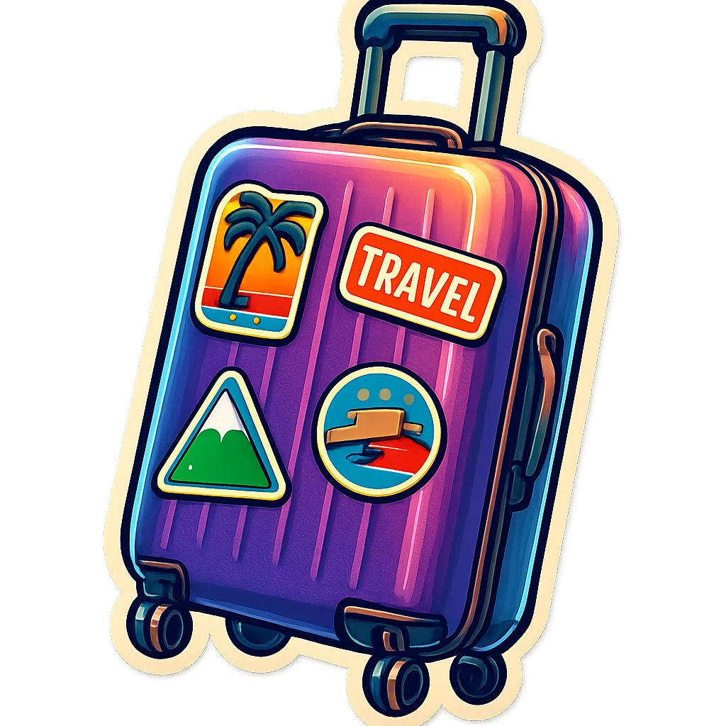 ribbed travel suitcase with handle and wheels, shown at a slight angle or being held in a hand, retro sticker style with color, bold outlines, sharp blocky shadows and highlights, no gradients, decorated with colorful travel stickers, emphasize crisp graphic light and shadow shapes emoji
