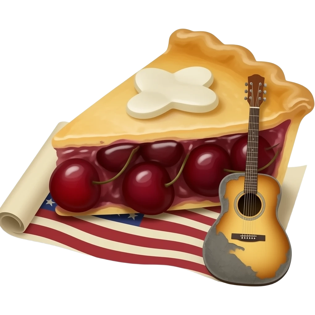 An old guitar peeks out from a piece of cherry pie that is placed on a rolled-up old American flag. emoji