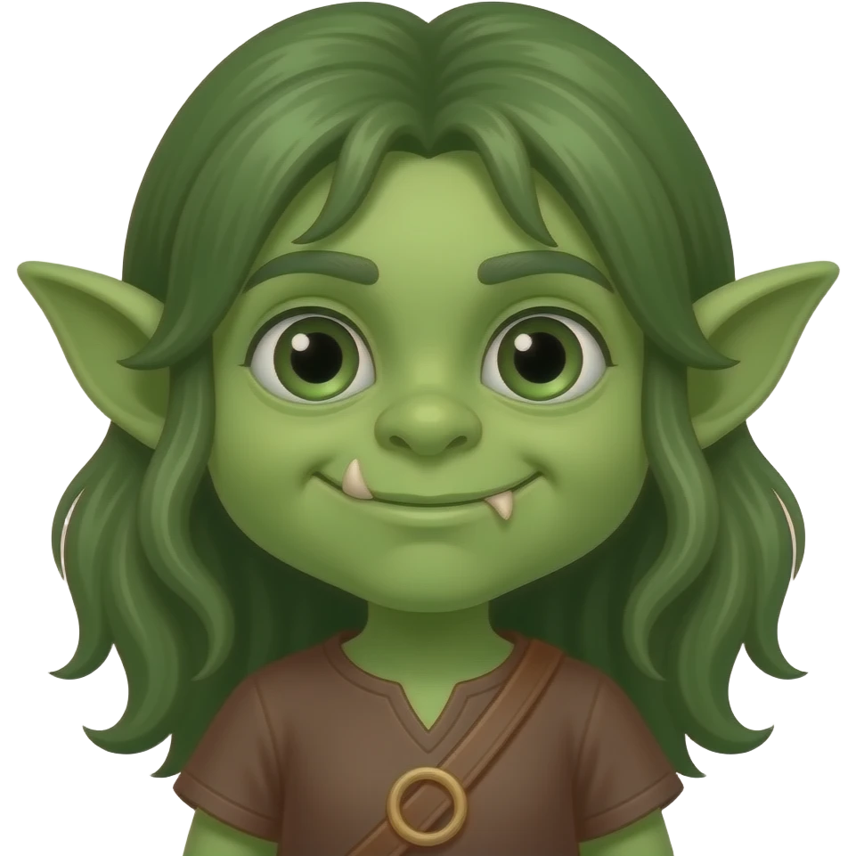 Cute green goblin long hair small tusk brown tunic emoji
