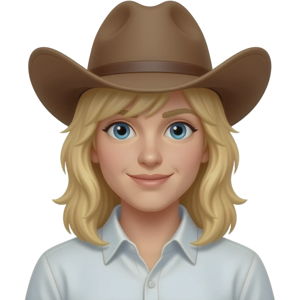 A character wearing a cowboy hat, blonde hair, white button-up shirt. emoji