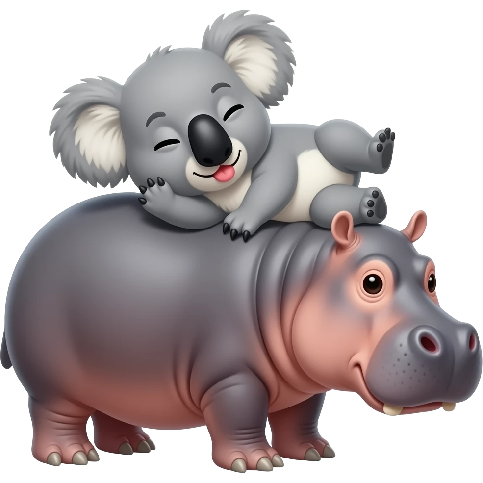 koala laying on back.hearts.  Hippo kiss koala. Koala on bottom   Hippo laying on top of it. Hippo on stomach on top. Koala legs wrapped around hippo. Best friends snuggling.  Koala legs fully wrapped all around entire hippo closely. Hippo legs touching ground. emoji