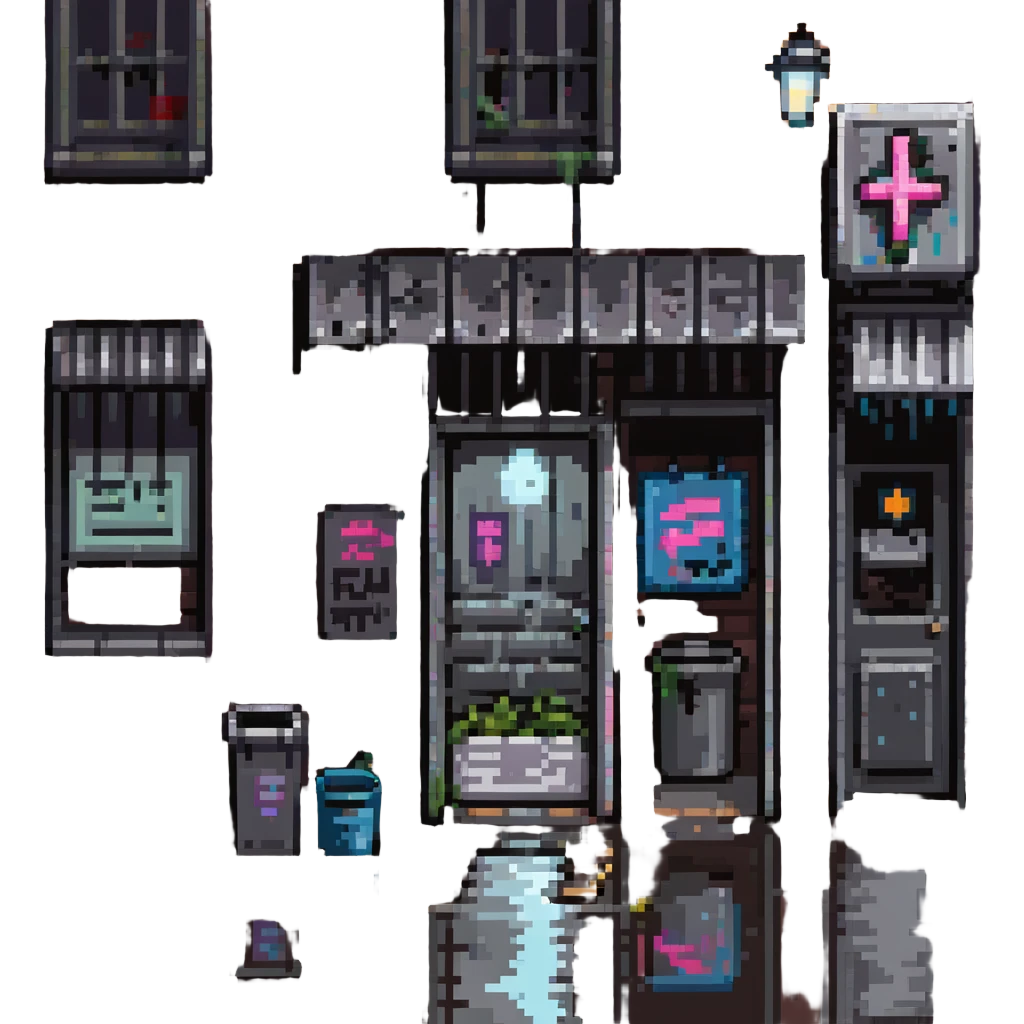 Pixel art background in side-scrolling view, inspired by classic Sega fighting games. Dark urban street in front of an old brick building, with graffiti, broken windows, metal door, trash cans, flickering neon sign, and a streetlamp. Gritty atmosphere, nighttime, subtle rain puddles on the ground. emoji