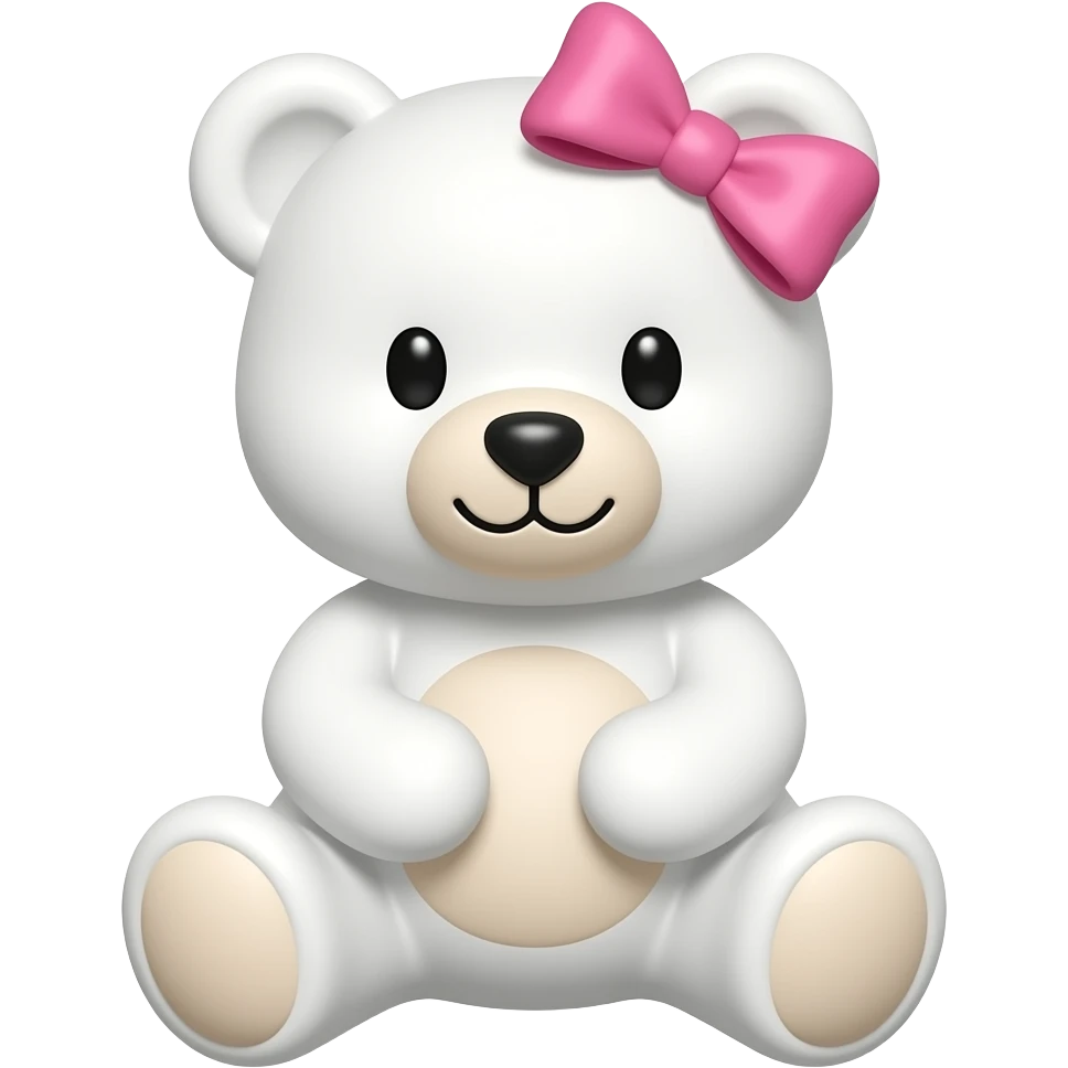 Um ursinho branco com laço rosa na cabeça e fazendo um coração emoji