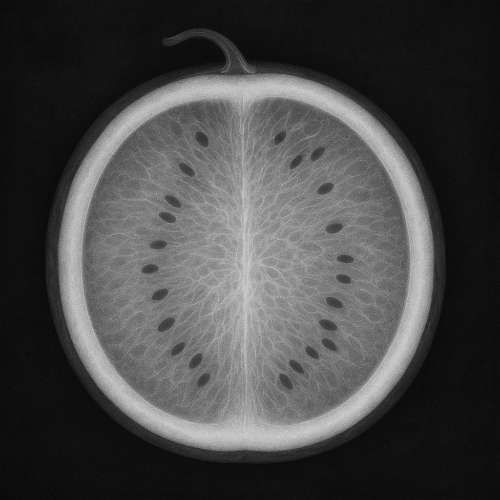 cross-section x-ray of a watermelon, highlighting the rind and inner fruit emoji