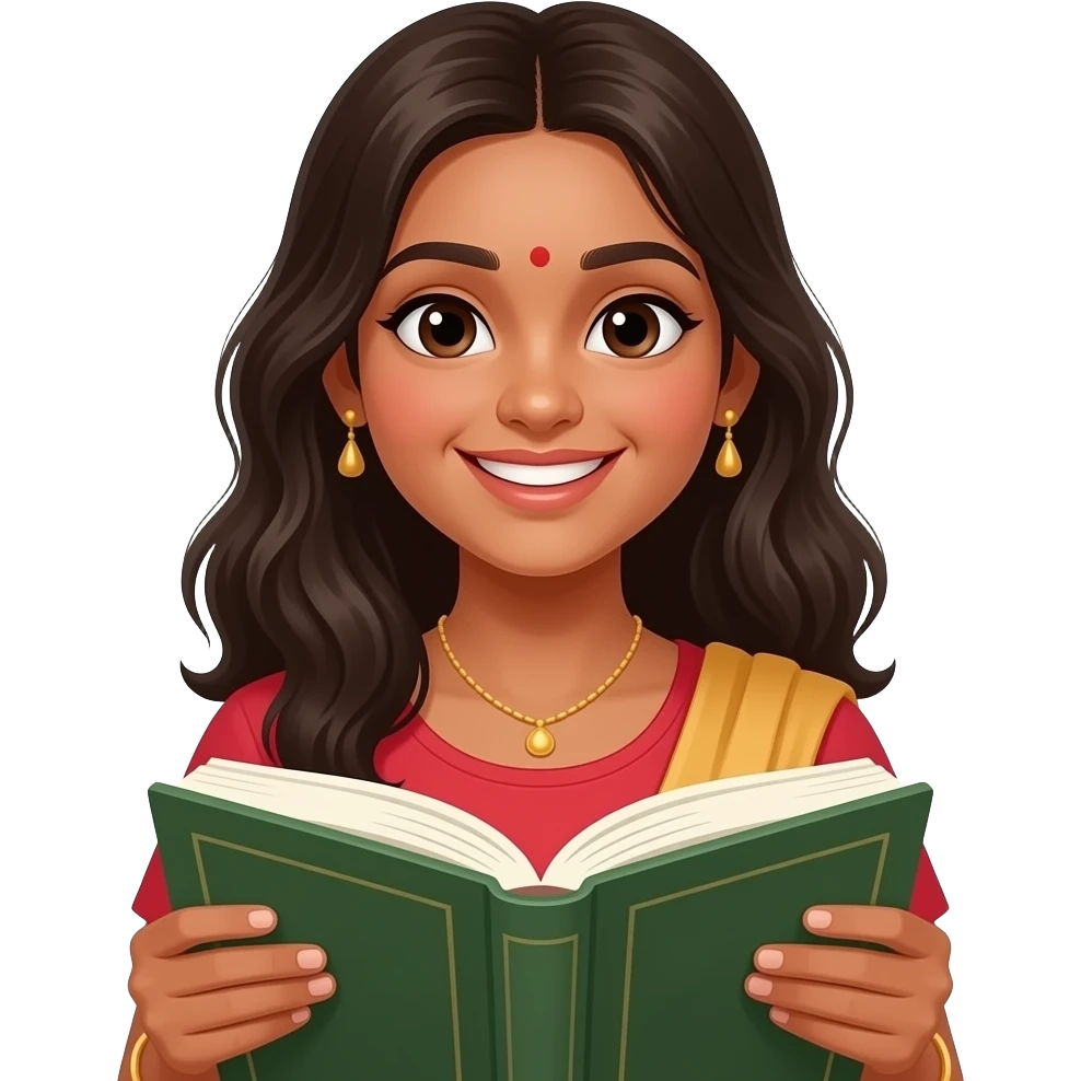 teenage girl reading a book looking happy, indian skin emoji