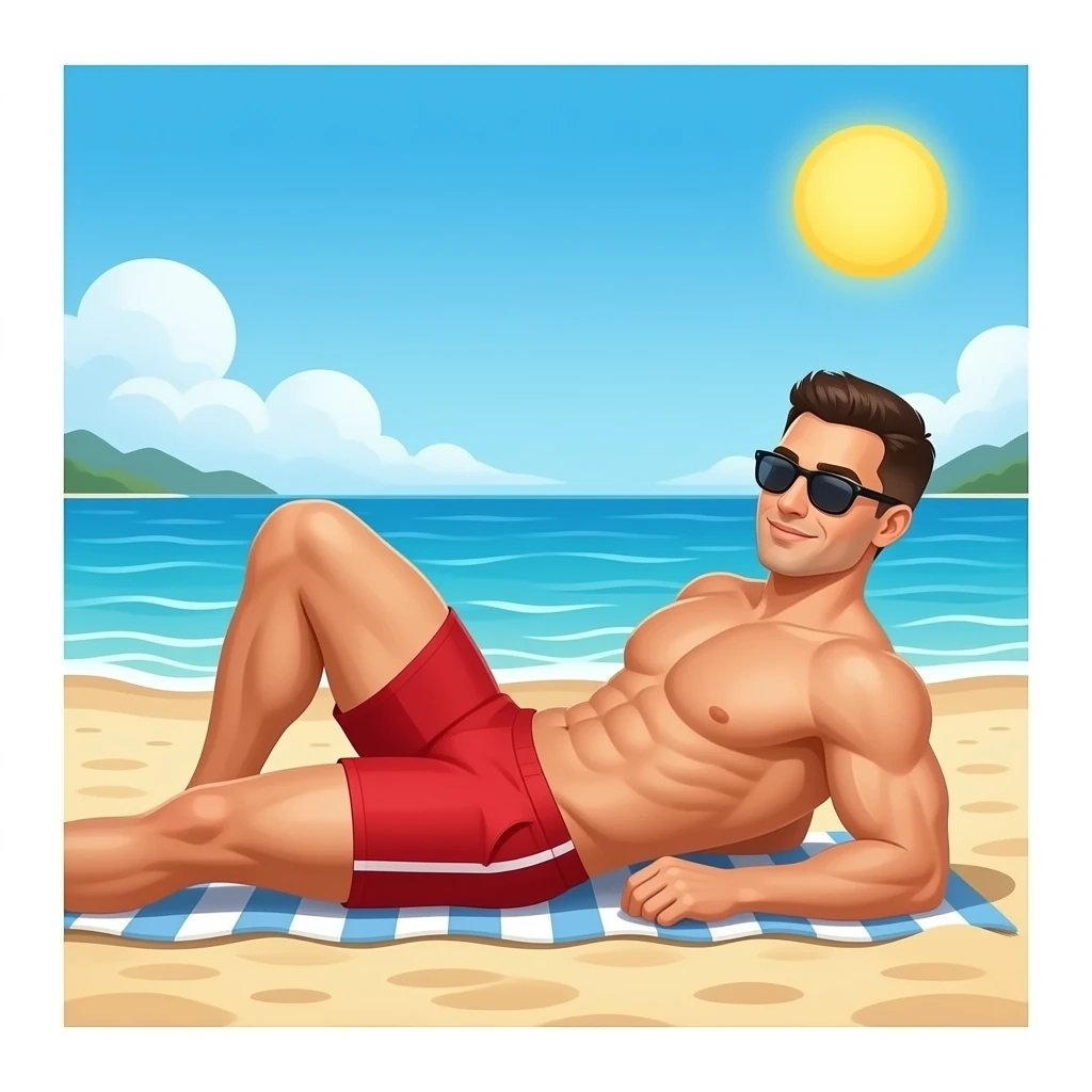 Erstelle ein Bild von einem Strand, mit im Bild ist ein muskulöser Mann zusehen der sich im liegen sonnt, er trägt rote enge speedo und Oberkörper frei und trägt eine Sonnenbrille emoji
