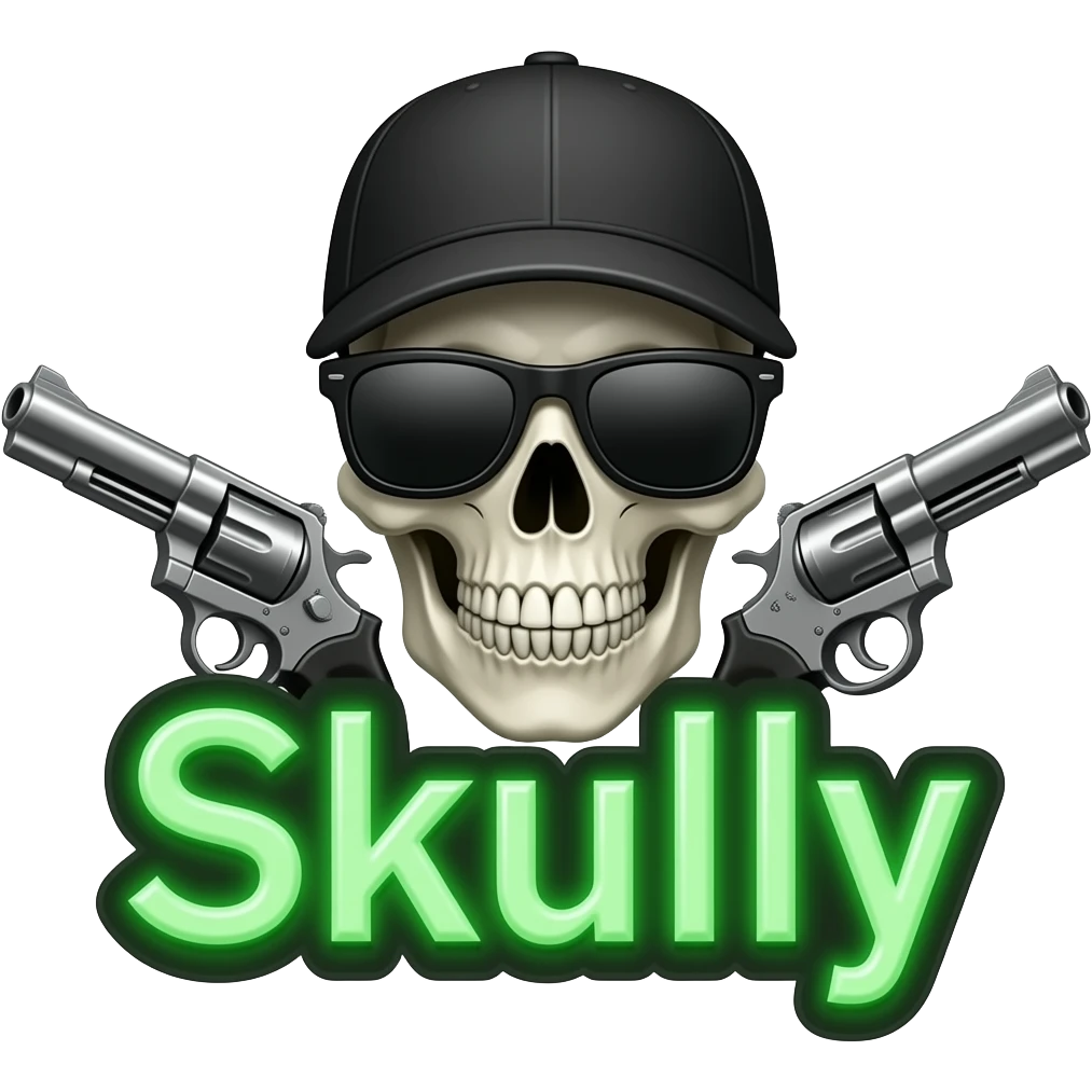 Create me a neon sign that says "Skully" in green with a skull and cross pistols behind it, (the skull and pistols are neon white, grey, and assorted colors) the skull also has black shades and a baseball cap thats black emoji