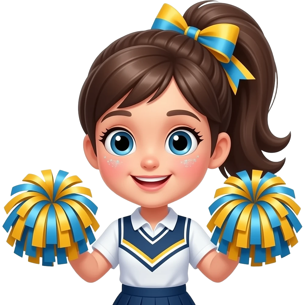 The schoolgirl has her hair in a high ponytail, tied with a brightly colored bow, and has a little glitter at the corners of her eyes or cheekbones. She's holding cheerleading pom-poms and looks cheerful. emoji