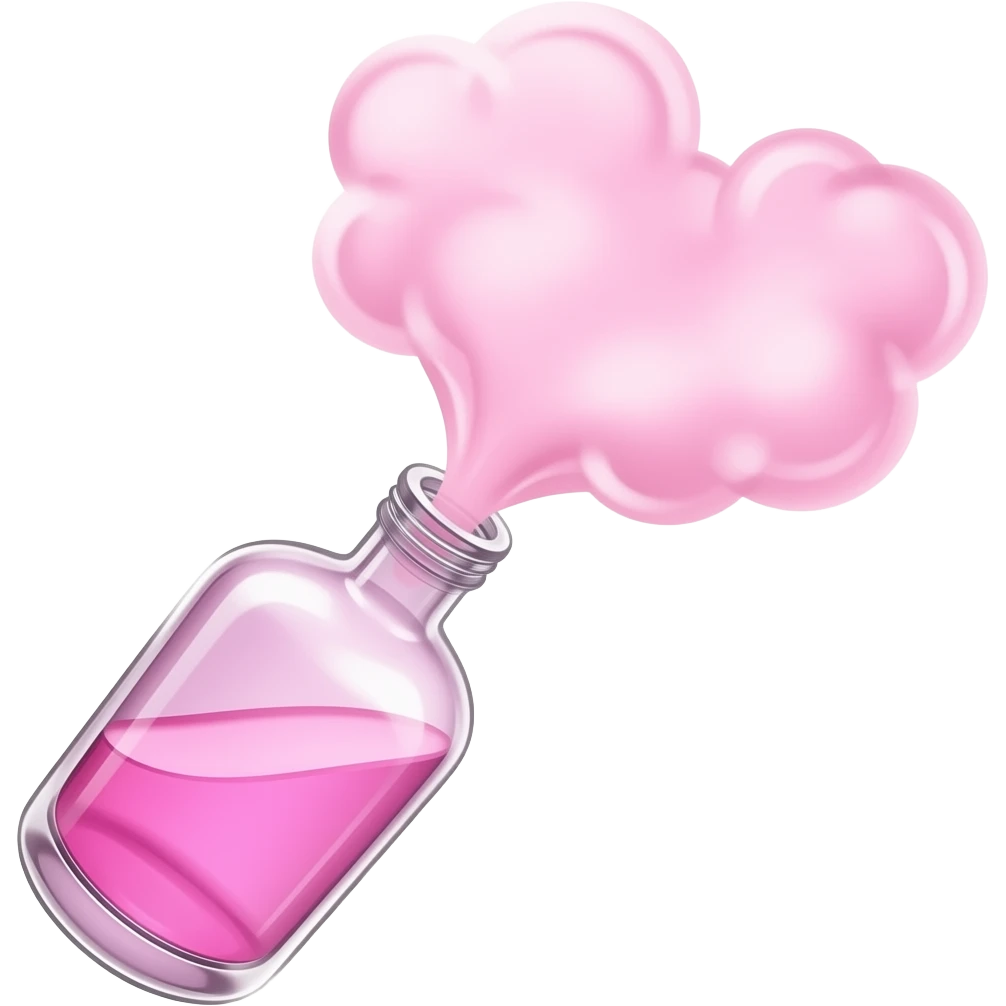 A glowing aphrodisiac glass bottle bottle releasing soft pink, heart-shaped mist emoji