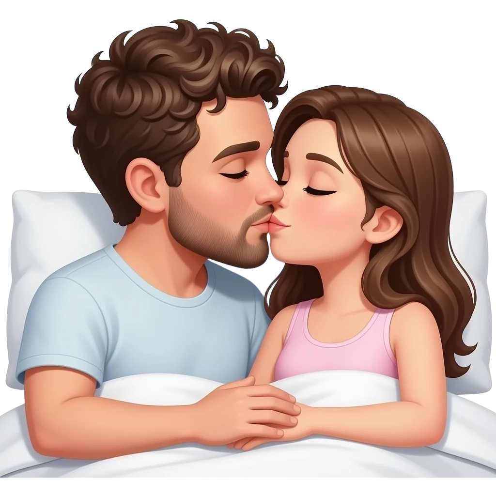 Realistic white man brown super short curly hair with beard kissing in bed realistic white girl brown hair emoji