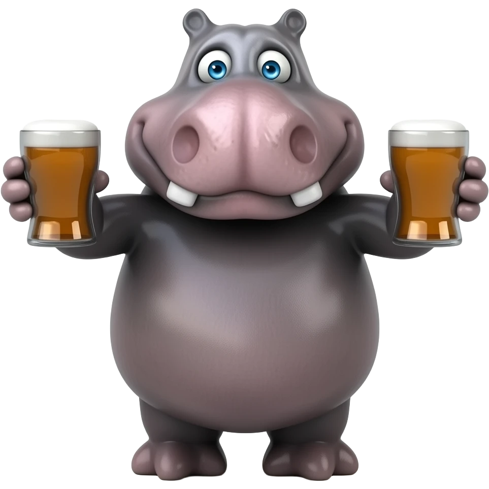 Hippo acting very silly crazy drunk drinking beer silly face beer both hands delarious emoji