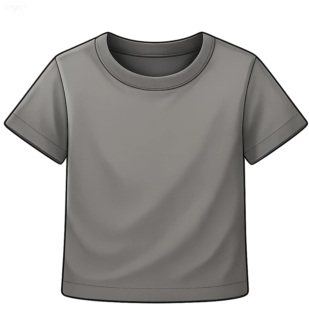 Make the grey t-shirt icon more detailed with realistic fabric folds, subtle stitching, and a visible collar. Keep the style modern and clean, no text, and no background. Maintain a transparent background to preserve the icon's clarity and simplicity. emoji
