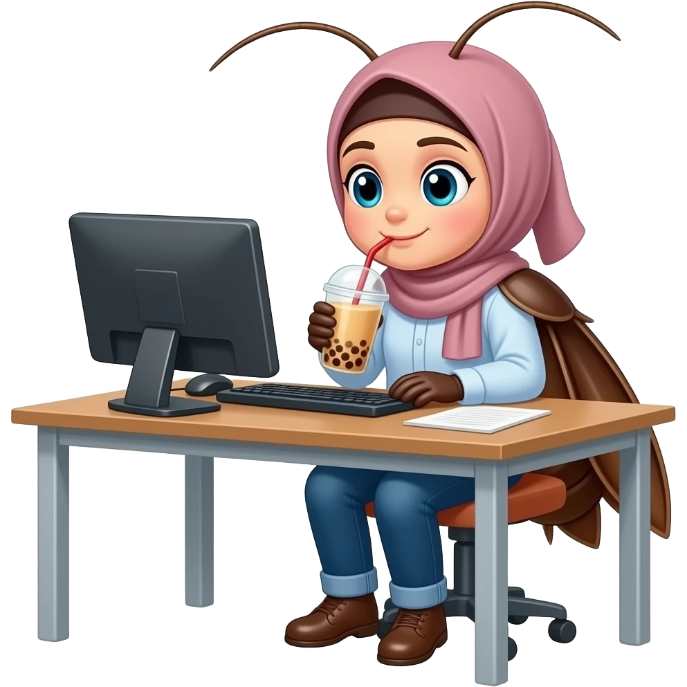 Hijab secretary cockroach working at her desk  and drinking bubbletea emoji