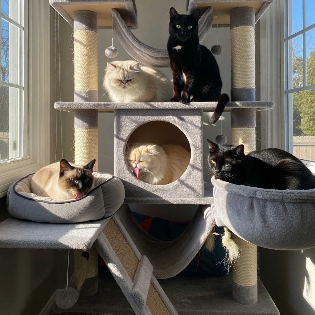 cats relaxing in a vertical playhouse emoji