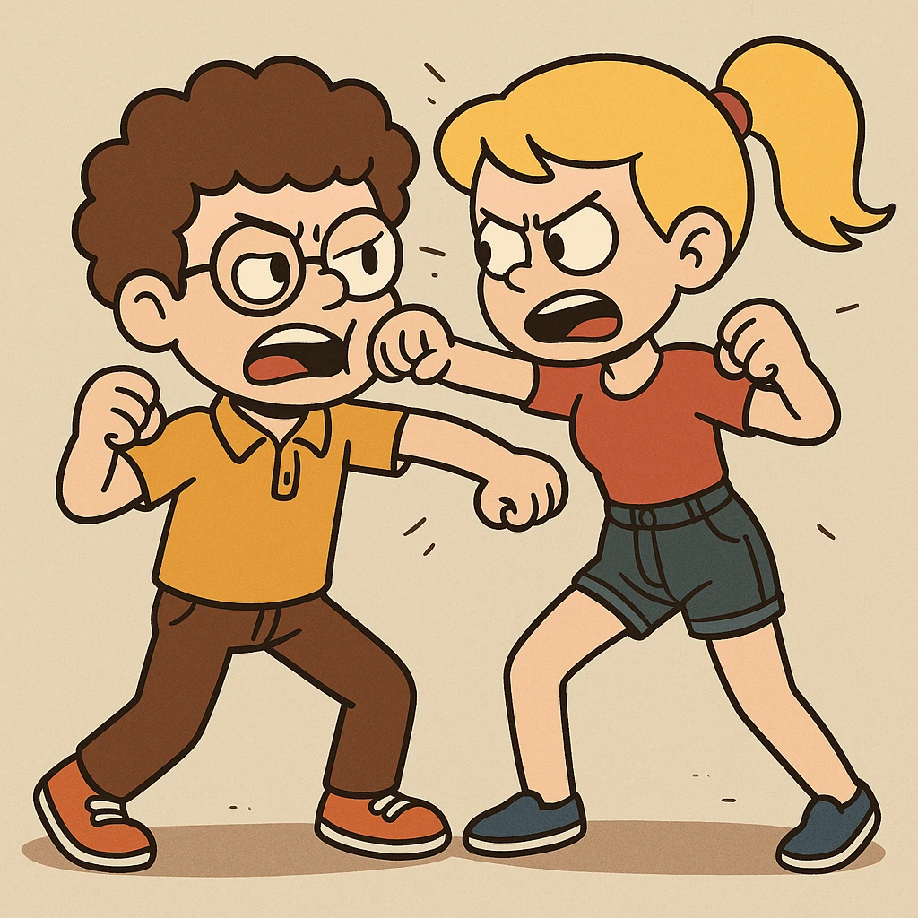 Fighting a boy brown Curly hair circle glasses Royal Pro polo brown jeans orange shoes and a girl Yellow ponytail hair red shirt high waisted dark blue denim shorts blue shoes emoji