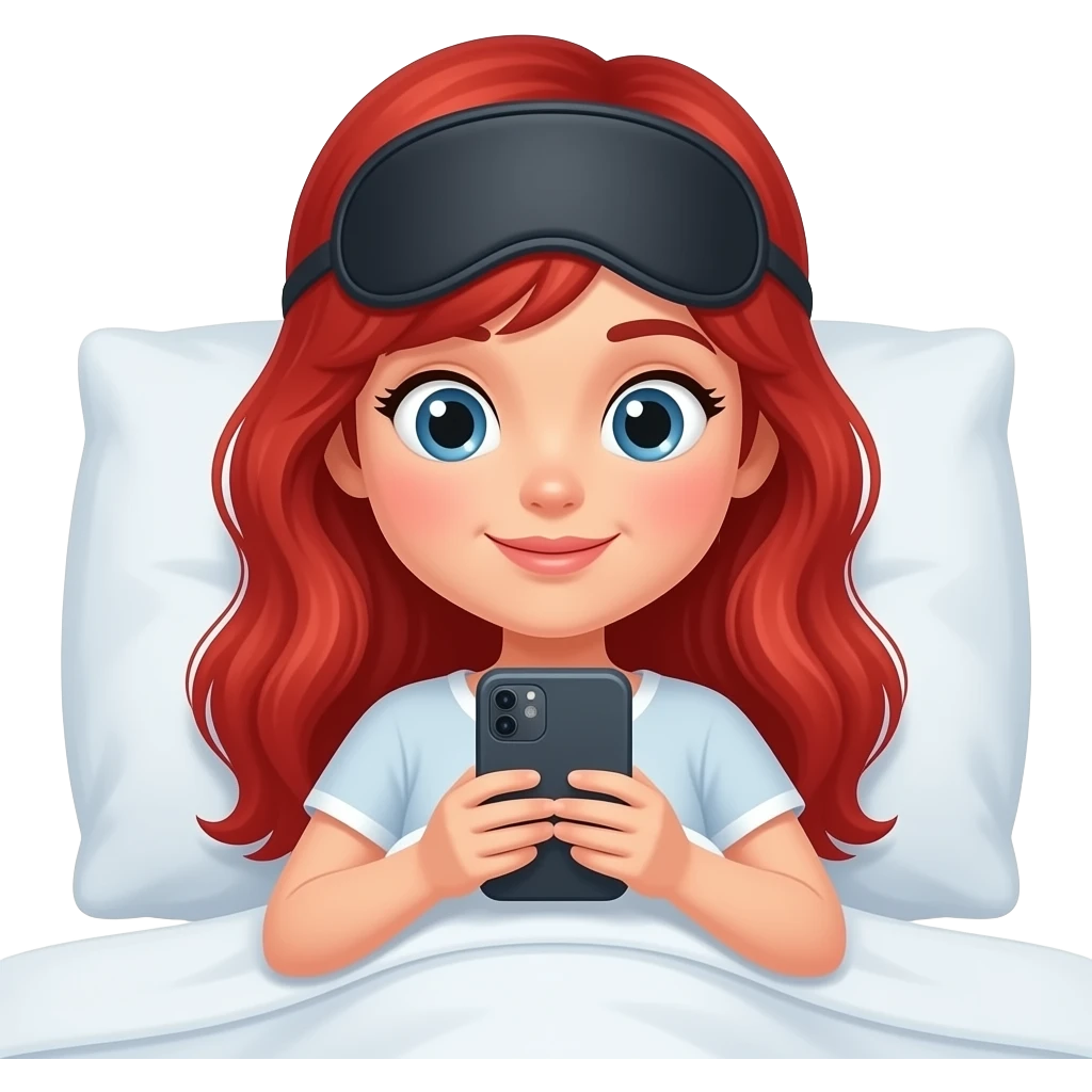 Red hair girl eye mask on head in bed looking at phone emoji