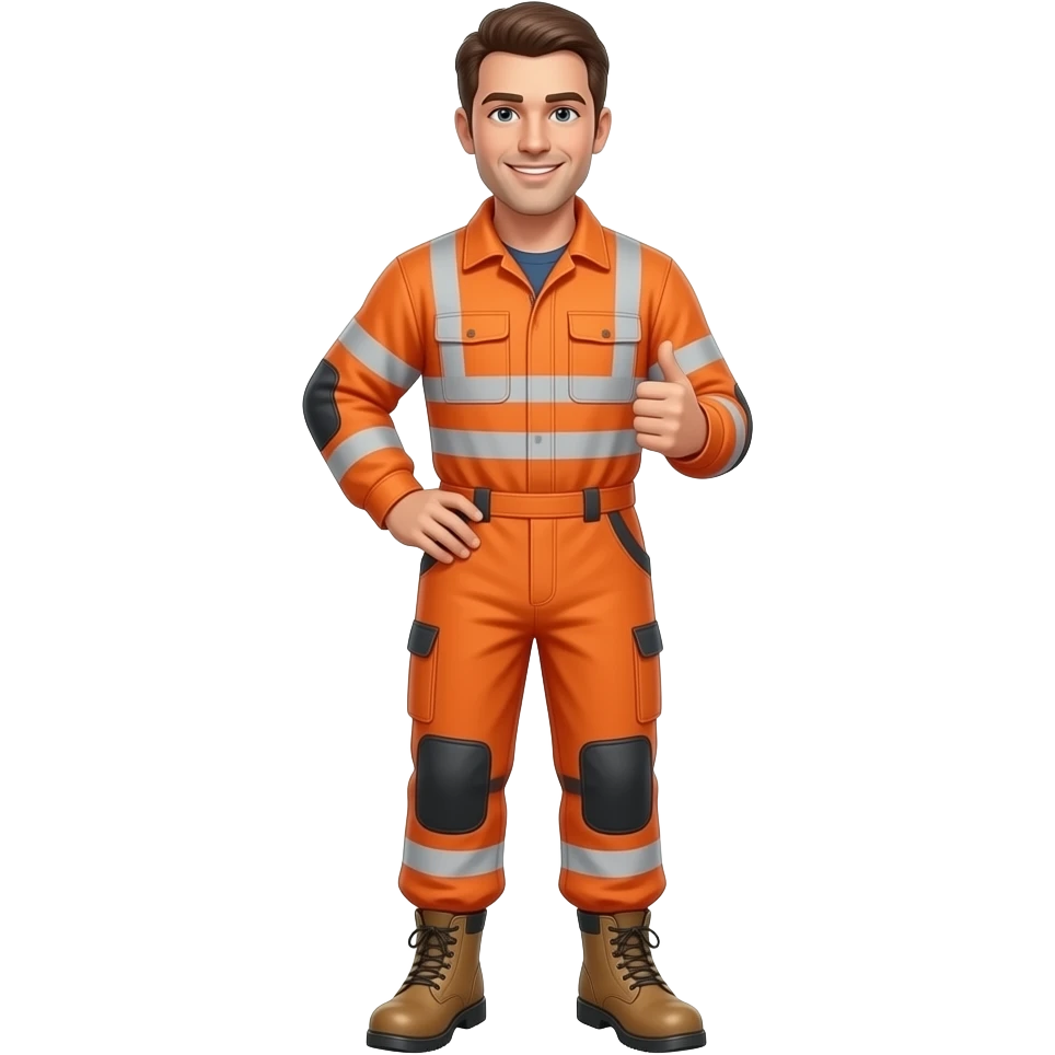 man standing in ankle boots and orange hi-vis overalls with sleeves holding a sign emoji