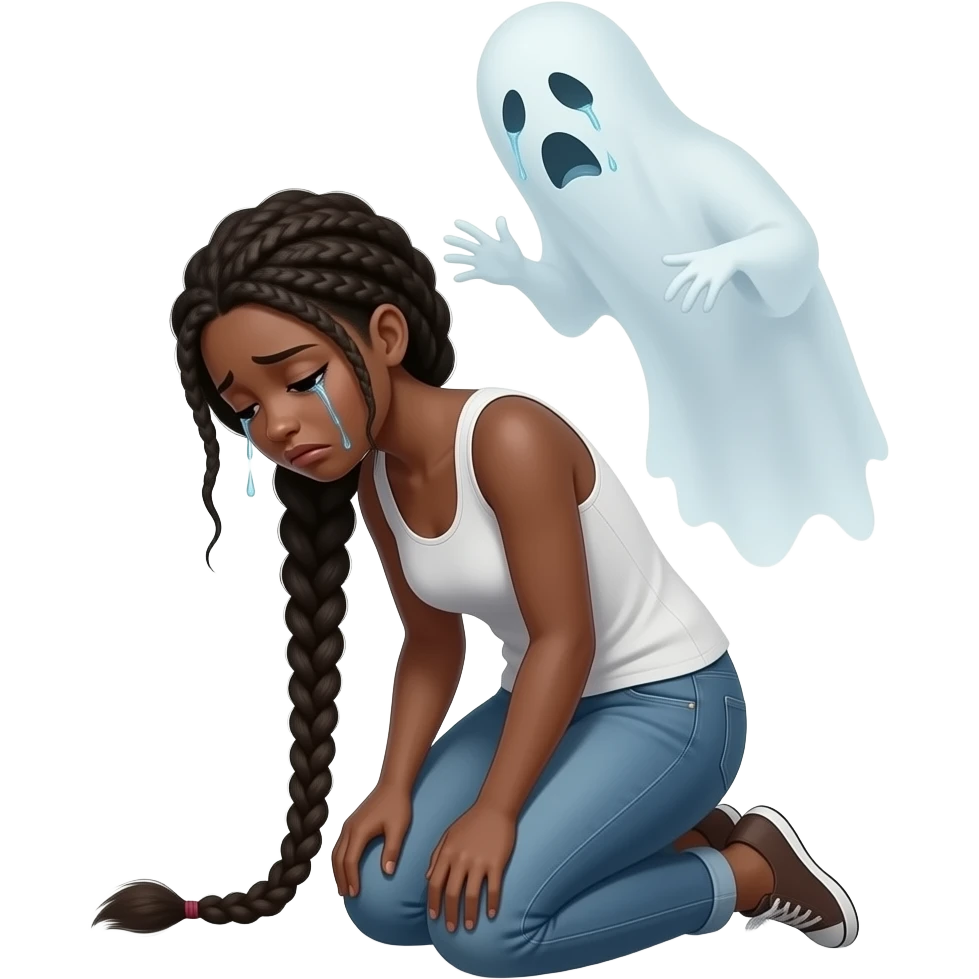 show a black women long braids on their knee begging really sad, the spirit above her cry out more realistic emoji