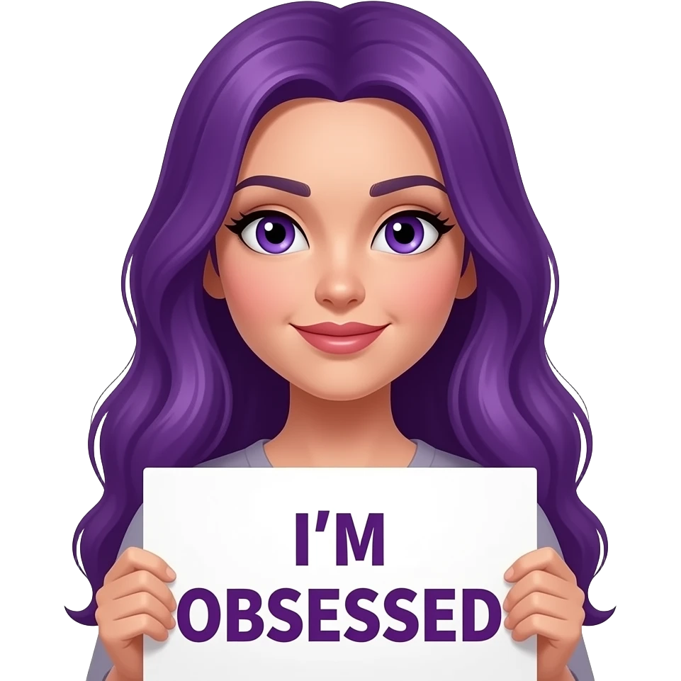 sexy girl with long purple hair and purple eyes holding a I'M OBSESSED sign emoji