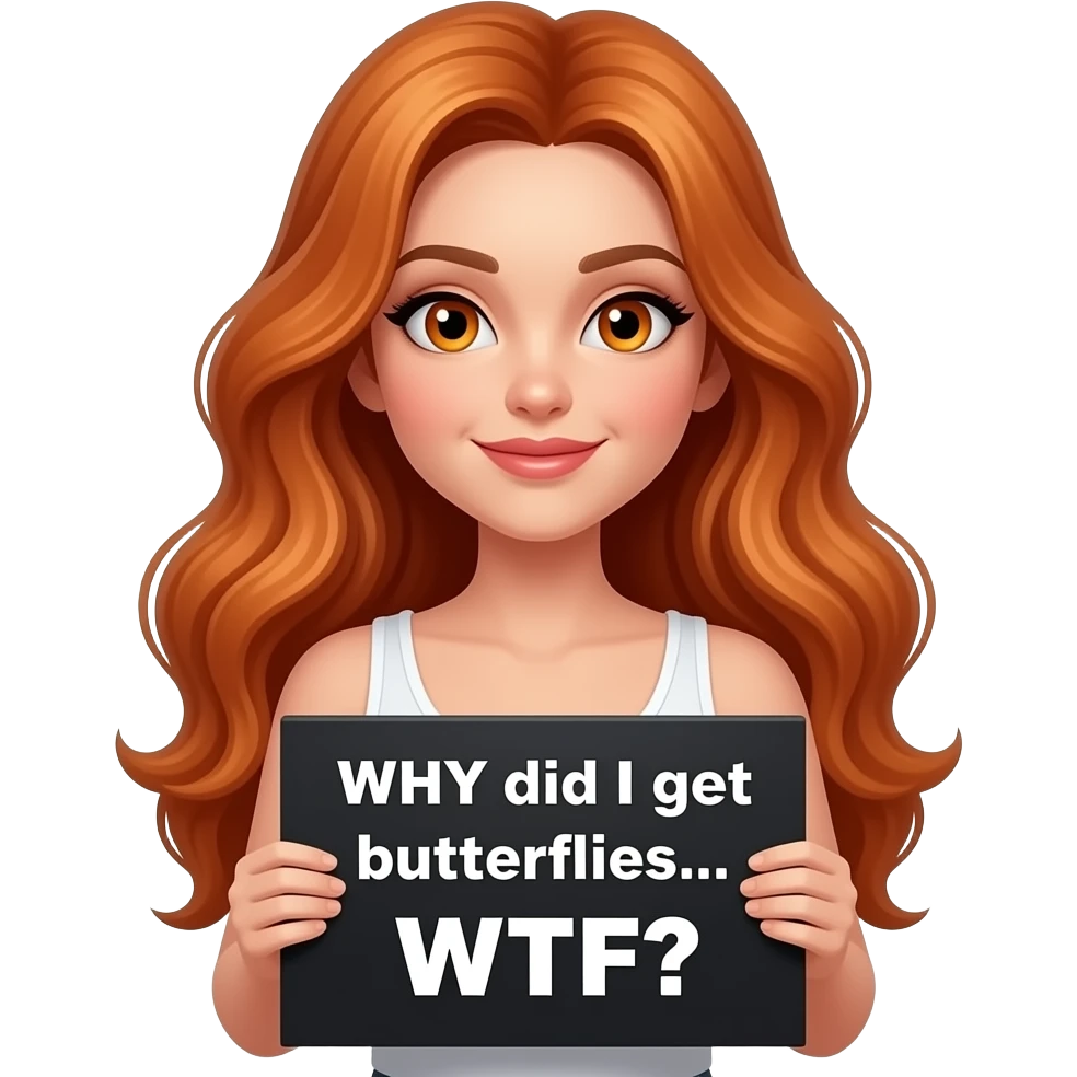 sexy girl with long wavy ginger hair and ginger eyes wearing a white tanktop is holding a black colored sign with WHY did I get butterflies... WTF written on it emoji
