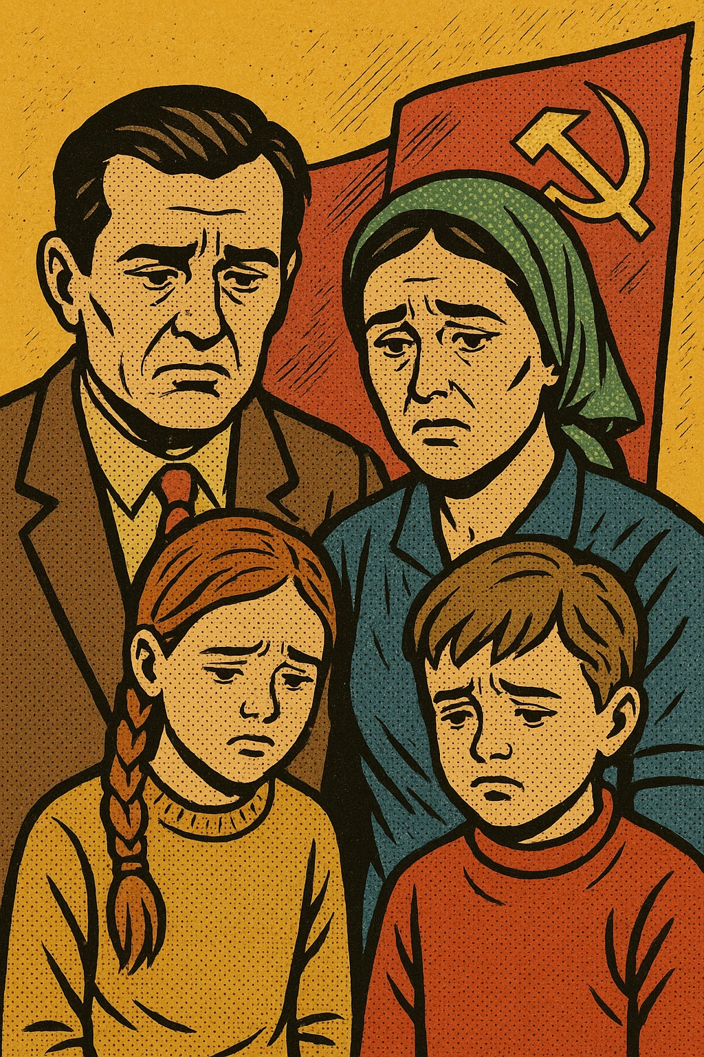 A poor soviet family from the 1970s with a husband and wife and two children looking unhappy.  emoji