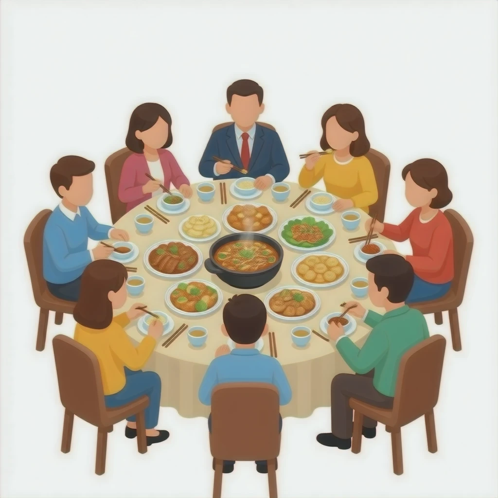 Chinese food on a big table with people eating emoji